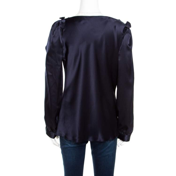 مملوكة مسبقًا Oscar de la Renta Navy Blue Satin Cowl Neck Long Sleeve Blouse L