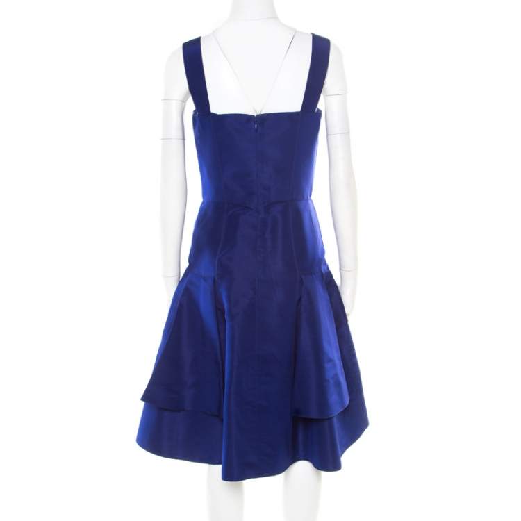 Pre Owned Oscar de la Renta Cobalt Blue Silk Fit and Flare Sleeveless Dress S