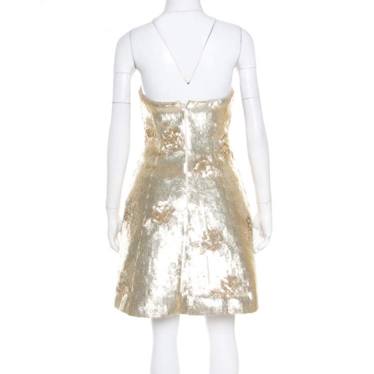 Pre Owned Oscar de la Renta Matte Gold Sequin Embellished Strapless Mini Dress S