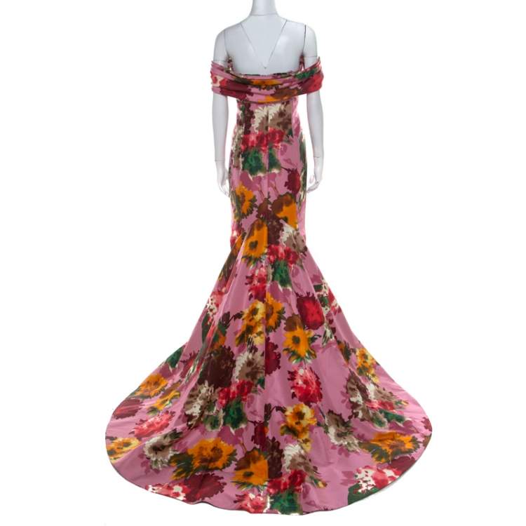 Pre Owned Oscar de la Renta Pink Floral Print Silk Ruched Strapless Evening Gown L