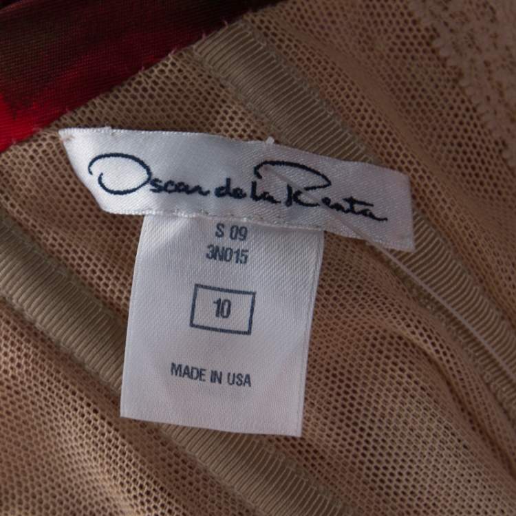 Pre Owned Oscar de la Renta Pink Floral Print Silk Ruched Strapless Evening Gown L