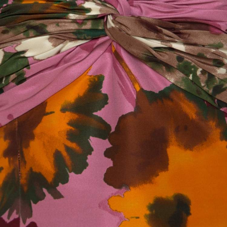 Pre Owned Oscar de la Renta Pink Floral Print Silk Ruched Strapless Evening Gown L