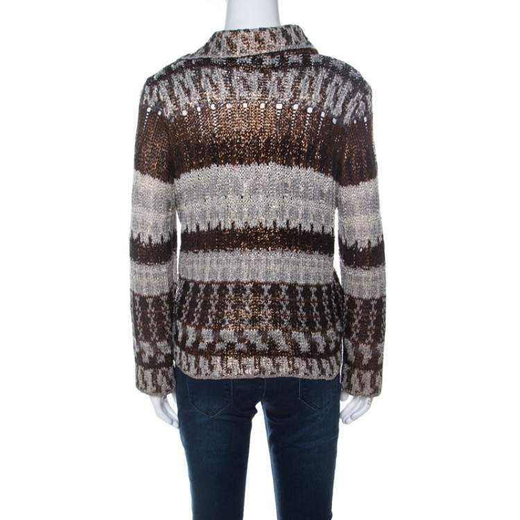 مملوكة مسبقًا Oscar de la Renta Brown & Bronze Silk Knit Cardigan L 