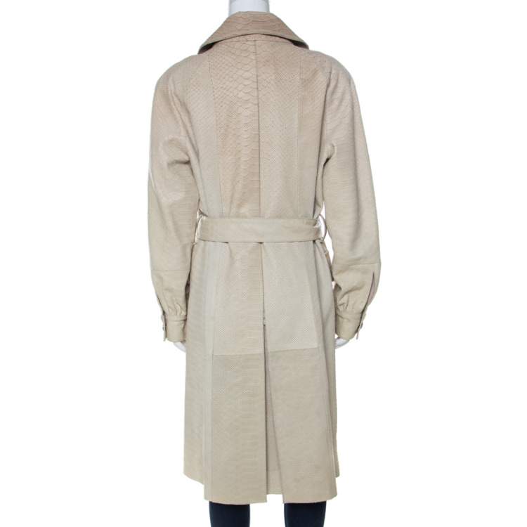 Pre Owned Oscar de la Renta Beige Perforated Python Embossed Leather Belted Coat L