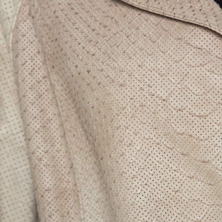 Pre Owned Oscar de la Renta Beige Perforated Python Embossed Leather Belted Coat L