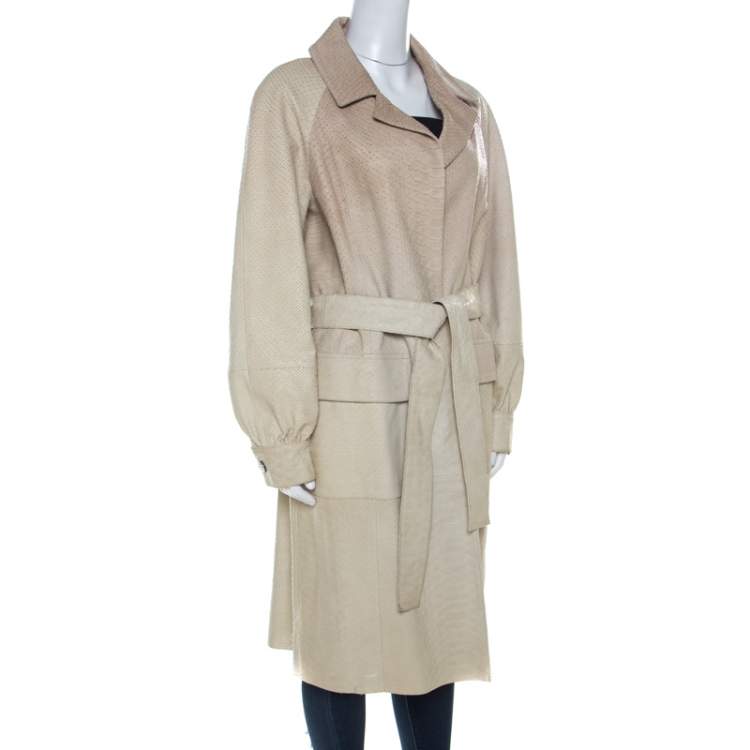 Pre Owned Oscar de la Renta Beige Perforated Python Embossed Leather Belted Coat L