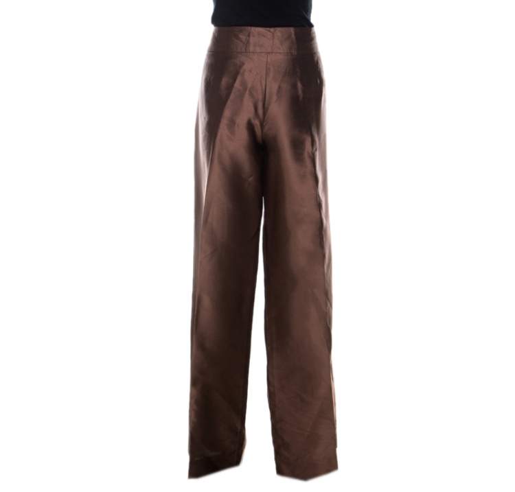 Pre Owned Oscar de la Renta Brown Silk Wide Leg Trousers L