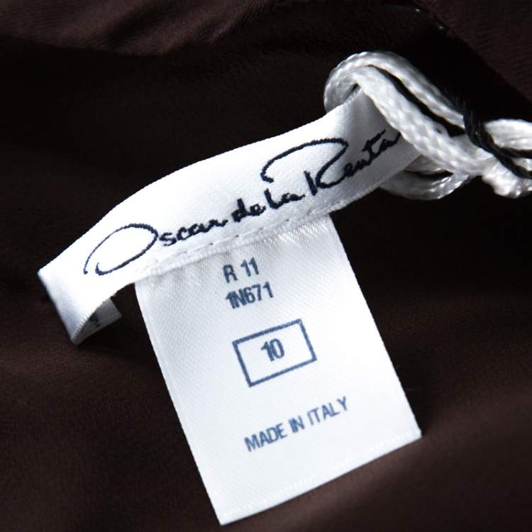Pre Owned Oscar de la Renta Brown Abstract Print Silk Ruffled Dress L