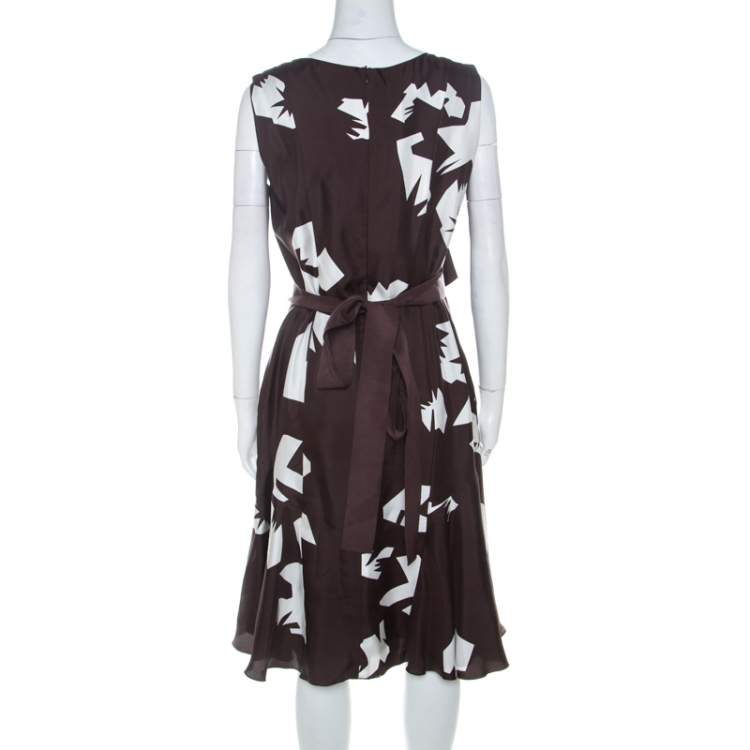 Pre Owned Oscar de la Renta Brown Abstract Print Silk Ruffled Dress L
