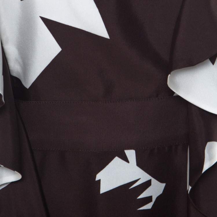 Pre Owned Oscar de la Renta Brown Abstract Print Silk Ruffled Dress L