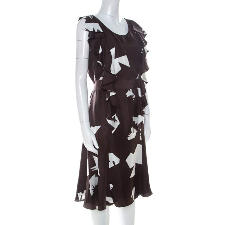 Pre Owned Oscar de la Renta Brown Abstract Print Silk Ruffled Dress L