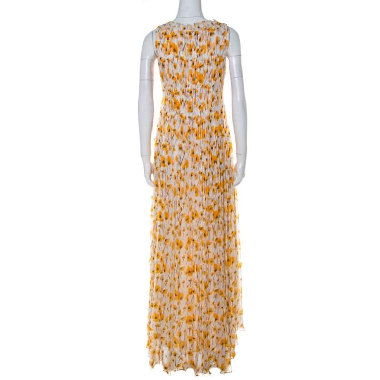 Pre Owned Oscar De La Renta White & Yellow Floral Print Frayed Neckline Sleeveless Dress M