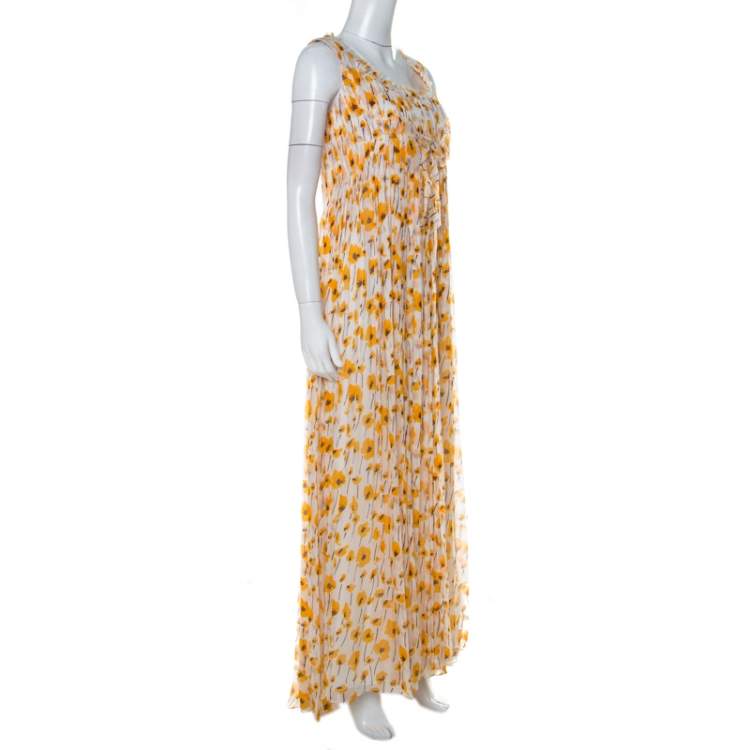 Pre Owned Oscar De La Renta White & Yellow Floral Print Frayed Neckline Sleeveless Dress M