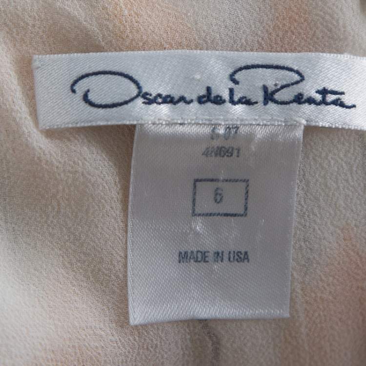 Pre Owned Oscar De La Renta White & Yellow Floral Print Frayed Neckline Sleeveless Dress M