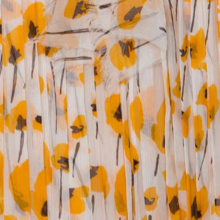 Pre Owned Oscar De La Renta White & Yellow Floral Print Frayed Neckline Sleeveless Dress M