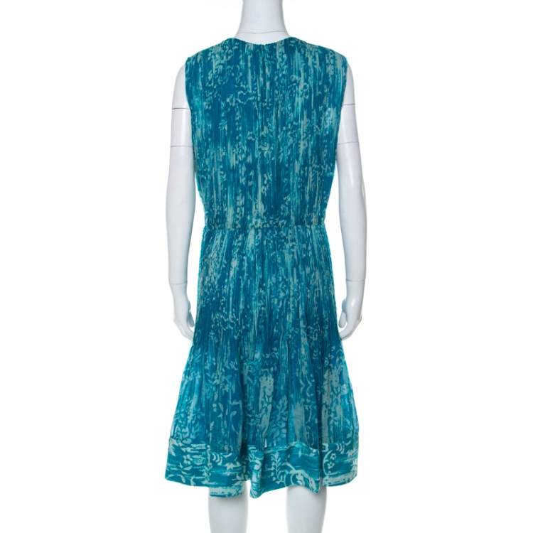 Pre Owned Oscar de La Renta Blue Printed Toile Silk Pleated Sleeveless Dress L