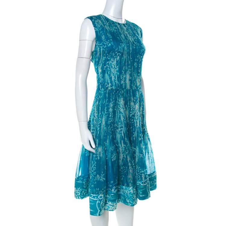 Pre Owned Oscar de La Renta Blue Printed Toile Silk Pleated Sleeveless Dress L