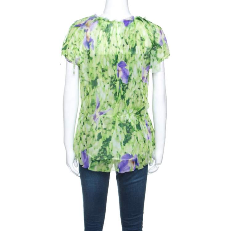 مملوكة مسبقًا Oscar de la Renta Green Floral Print Chiffon Top L