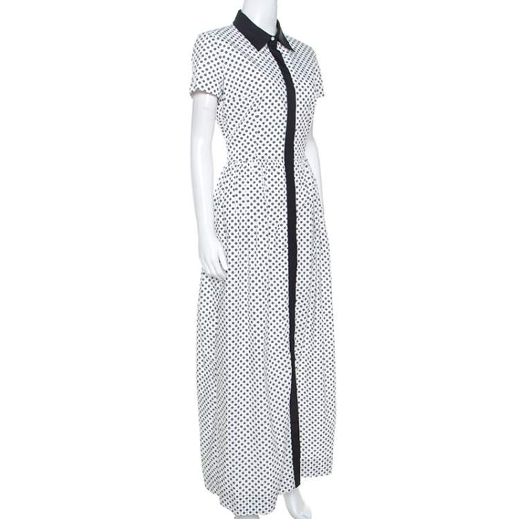 Pre Owned Oscar de la Renta White Flower Print Cotton Contrast Trim Shirt Dress S