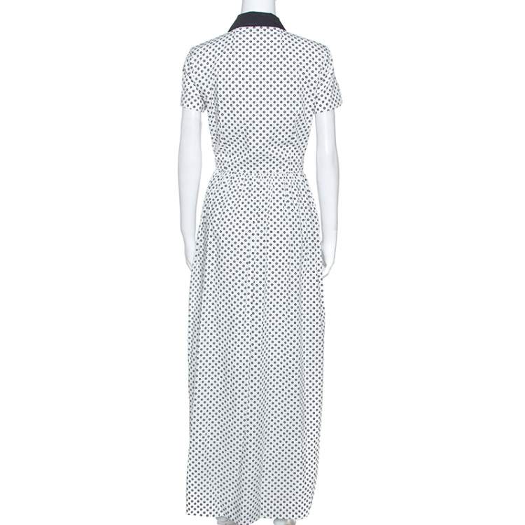 Pre Owned Oscar de la Renta White Flower Print Cotton Contrast Trim Shirt Dress S