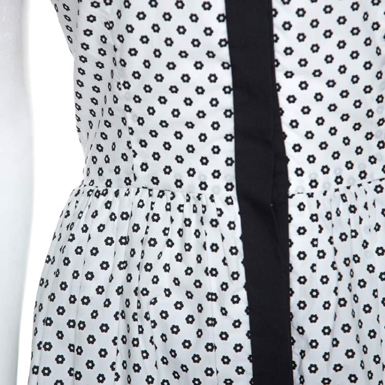 Pre Owned Oscar de la Renta White Flower Print Cotton Contrast Trim Shirt Dress S