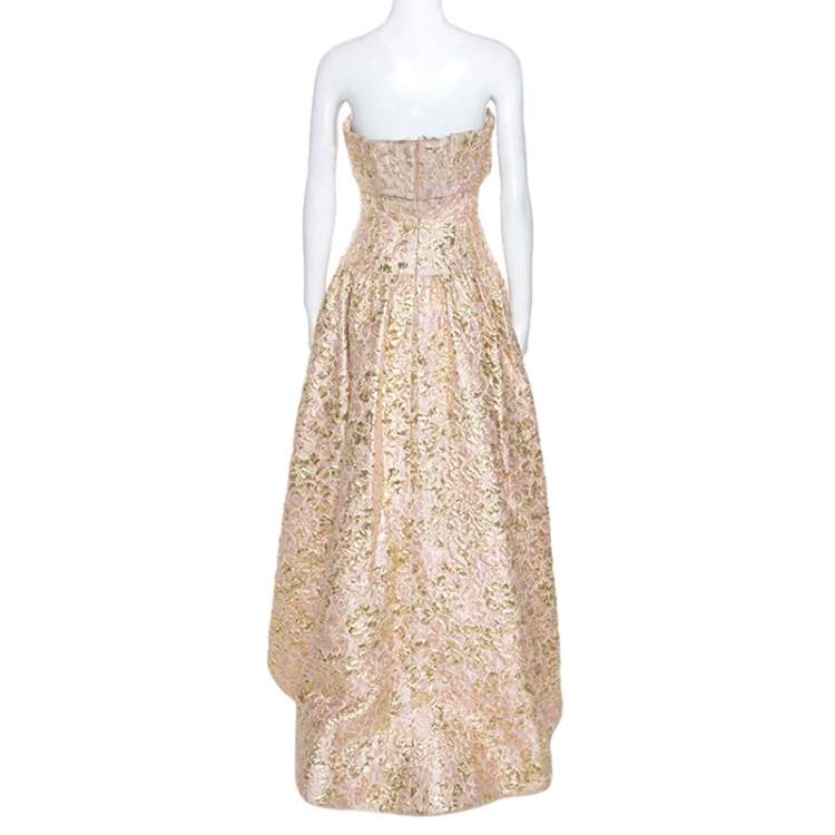 Pre Owned Oscar De La Renta Pink and Gold Brocade Strapless Asymmetrical Dress S