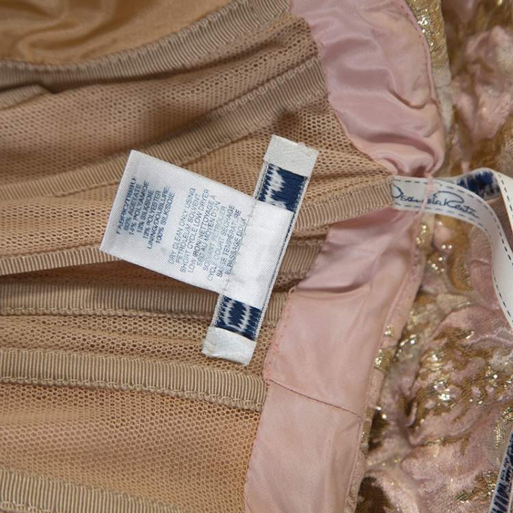 Pre Owned Oscar De La Renta Pink and Gold Brocade Strapless Asymmetrical Dress S