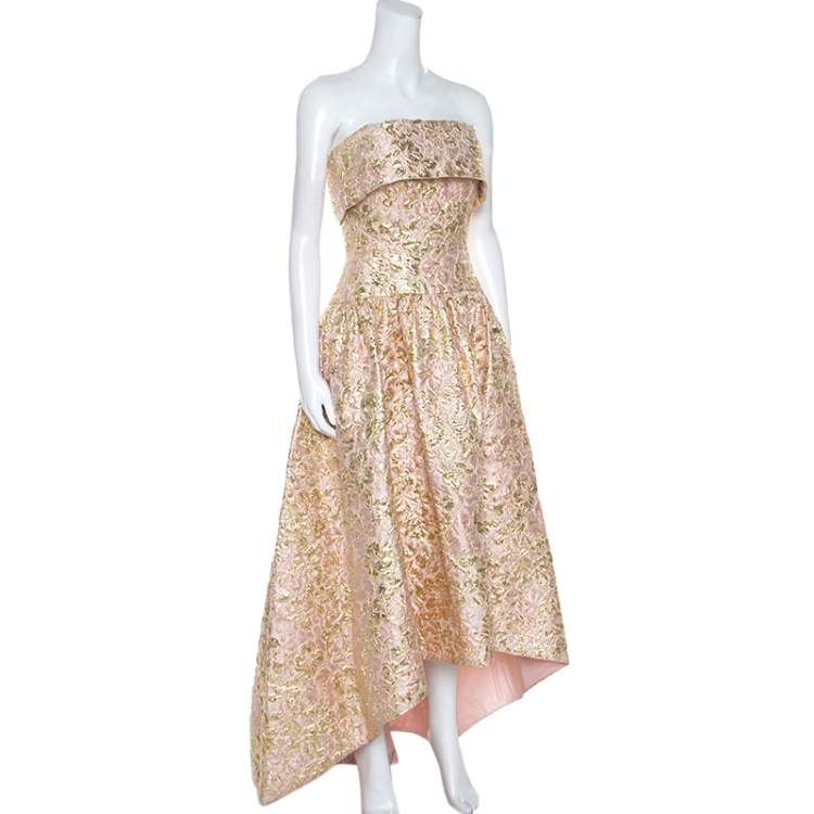 Pre Owned Oscar De La Renta Pink and Gold Brocade Strapless Asymmetrical Dress S
