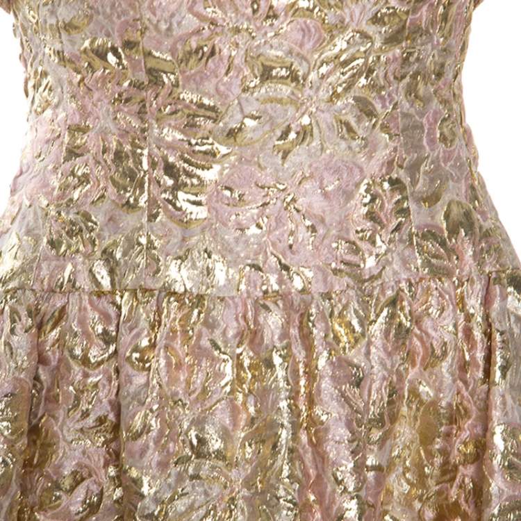 Pre Owned Oscar De La Renta Pink and Gold Brocade Strapless Asymmetrical Dress S