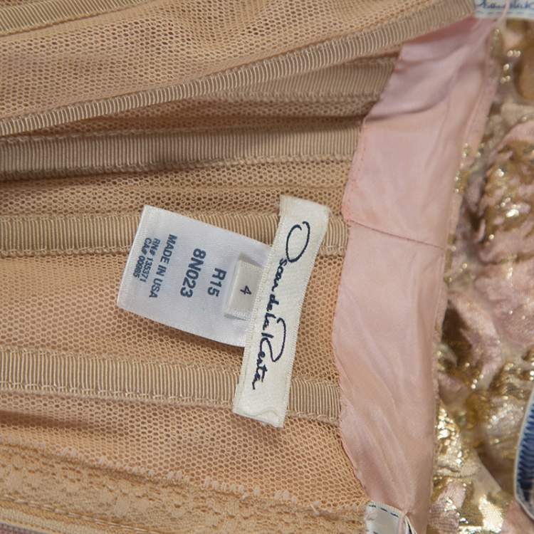 Pre Owned Oscar De La Renta Pink and Gold Brocade Strapless Asymmetrical Dress S
