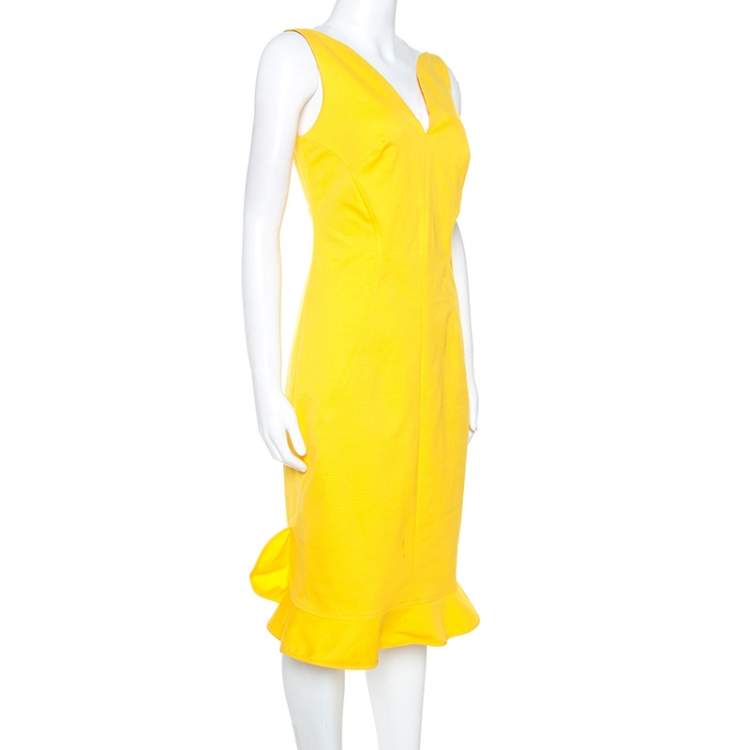 Pre Owned Oscar De La Renta Yellow Stretch Cotton Ruffled Hem Midi Dress S
