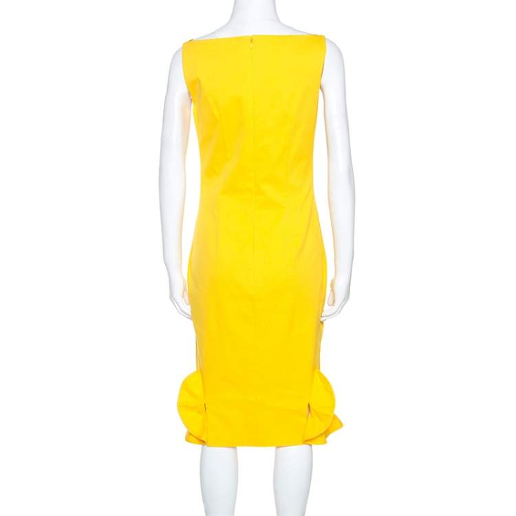 Pre Owned Oscar De La Renta Yellow Stretch Cotton Ruffled Hem Midi Dress S