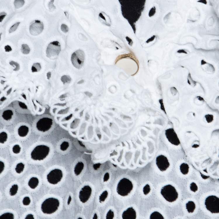 Pre Owned Oscar de la Renta White Eyelet Lace Ruffle Detail Top M