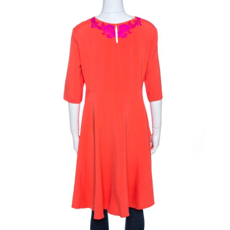 Pre Owned Oscar de la Renta Orange Crepe Floral Applique Detail Tunic XL 