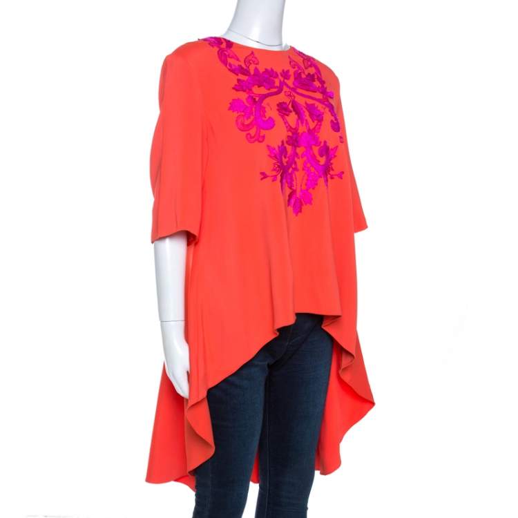Pre Owned Oscar de la Renta Orange Crepe Floral Applique Detail Tunic XL 