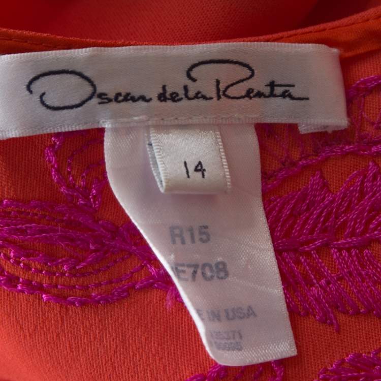 Pre Owned Oscar de la Renta Orange Crepe Floral Applique Detail Tunic XL 
