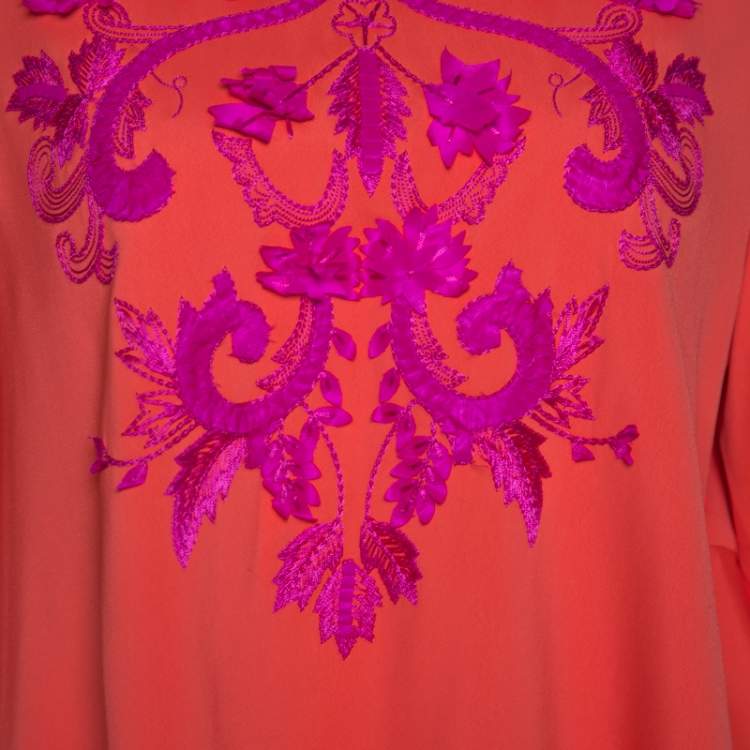 Pre Owned Oscar de la Renta Orange Crepe Floral Applique Detail Tunic XL 