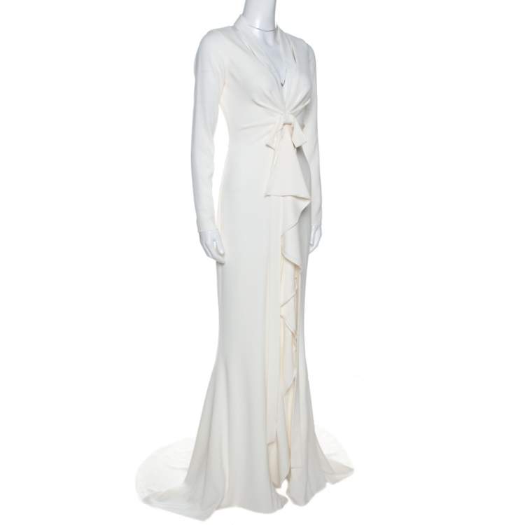 Pre Owned Oscar de la Renta Off White Crepe Cutout Detail Ruffled Gown S