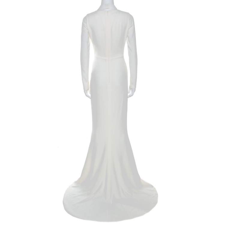 Pre Owned Oscar de la Renta Off White Crepe Cutout Detail Ruffled Gown S