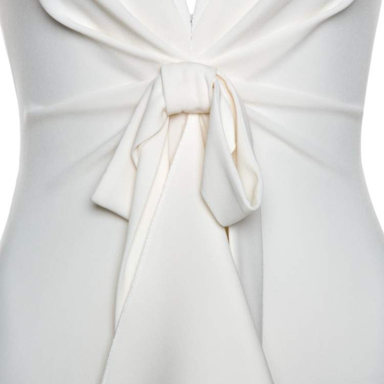 Pre Owned Oscar de la Renta Off White Crepe Cutout Detail Ruffled Gown S