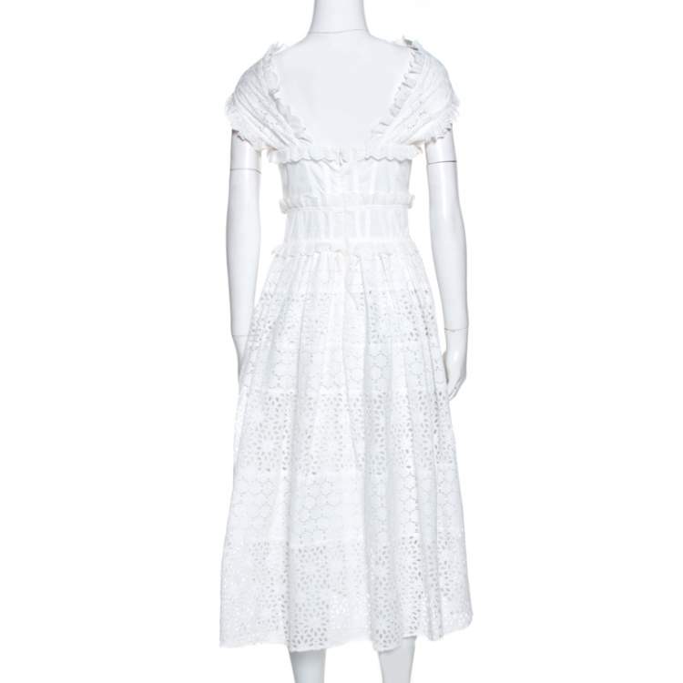 Pre Owned Oscar de la Renta White Eyelet Cotton Cross Front Dress S