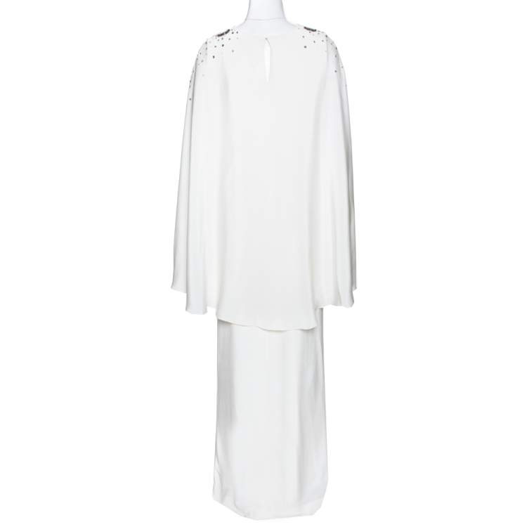 Pre Owned Oscar de la Renta Ivory Silk Sequin Embellished Cape Gown M