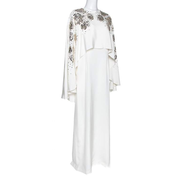 Pre Owned Oscar de la Renta Ivory Silk Sequin Embellished Cape Gown M
