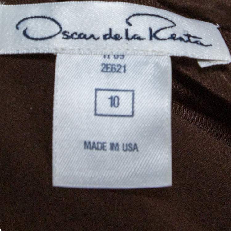 Pre Owned Oscar de la Renta Brown Textured Wool Embellished Short Sleeve Dress L