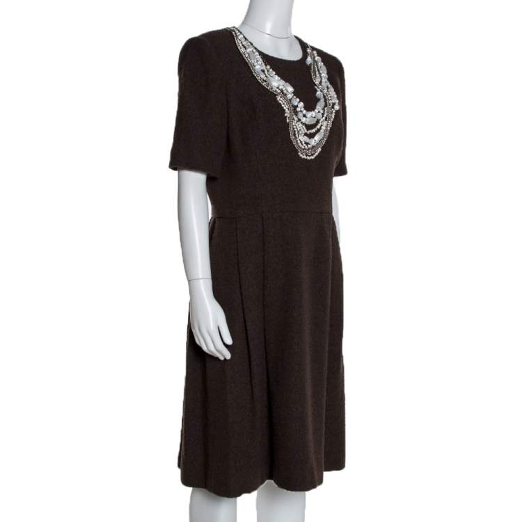 Pre Owned Oscar de la Renta Brown Textured Wool Embellished Short Sleeve Dress L