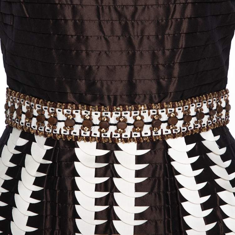 Pre Owned Oscar de la Renta Brown Silk Embellished & Pleated Sleeveless Dress S