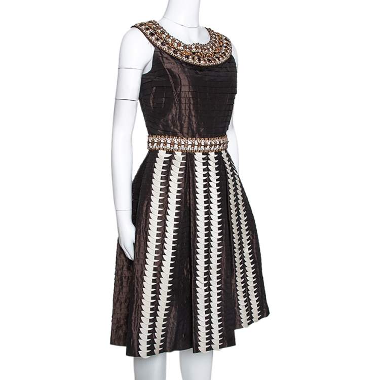 Pre Owned Oscar de la Renta Brown Silk Embellished & Pleated Sleeveless Dress S
