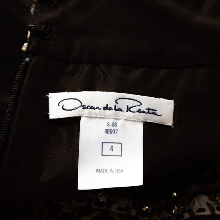 Pre Owned Oscar de la Renta Brown Silk Embellished & Pleated Sleeveless Dress S