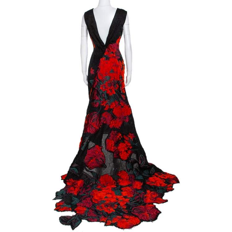 Pre Owned Oscar De La Renta Black Tufted Rose Fil Coupé Gown XL 