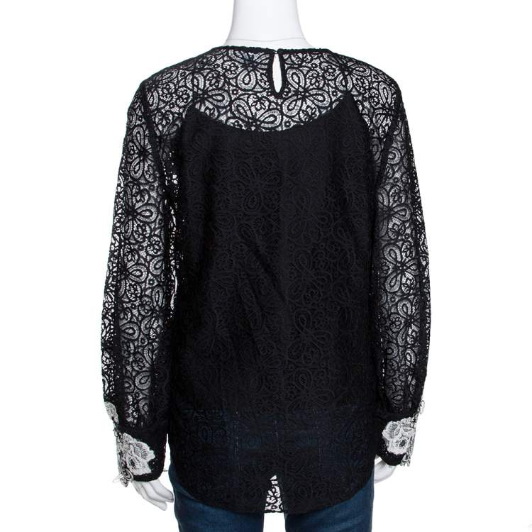 Pre Owned Oscar de la Renta Black & White Floral Lace Long Sleeve Blouse L 